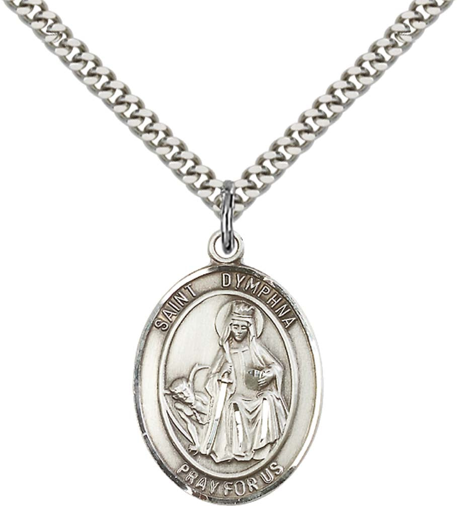 Sterling Silver St. Dymphna Pendant with 24 Inch Light Rhodium Heavy Curb Chain