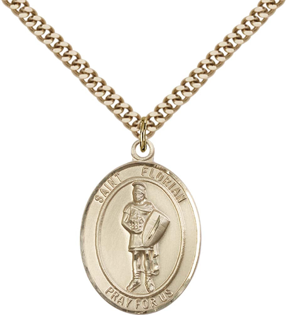 14kt Gold Filled St. Florian Pendant with 24 inch Gold Plate Heavy Curb Chain