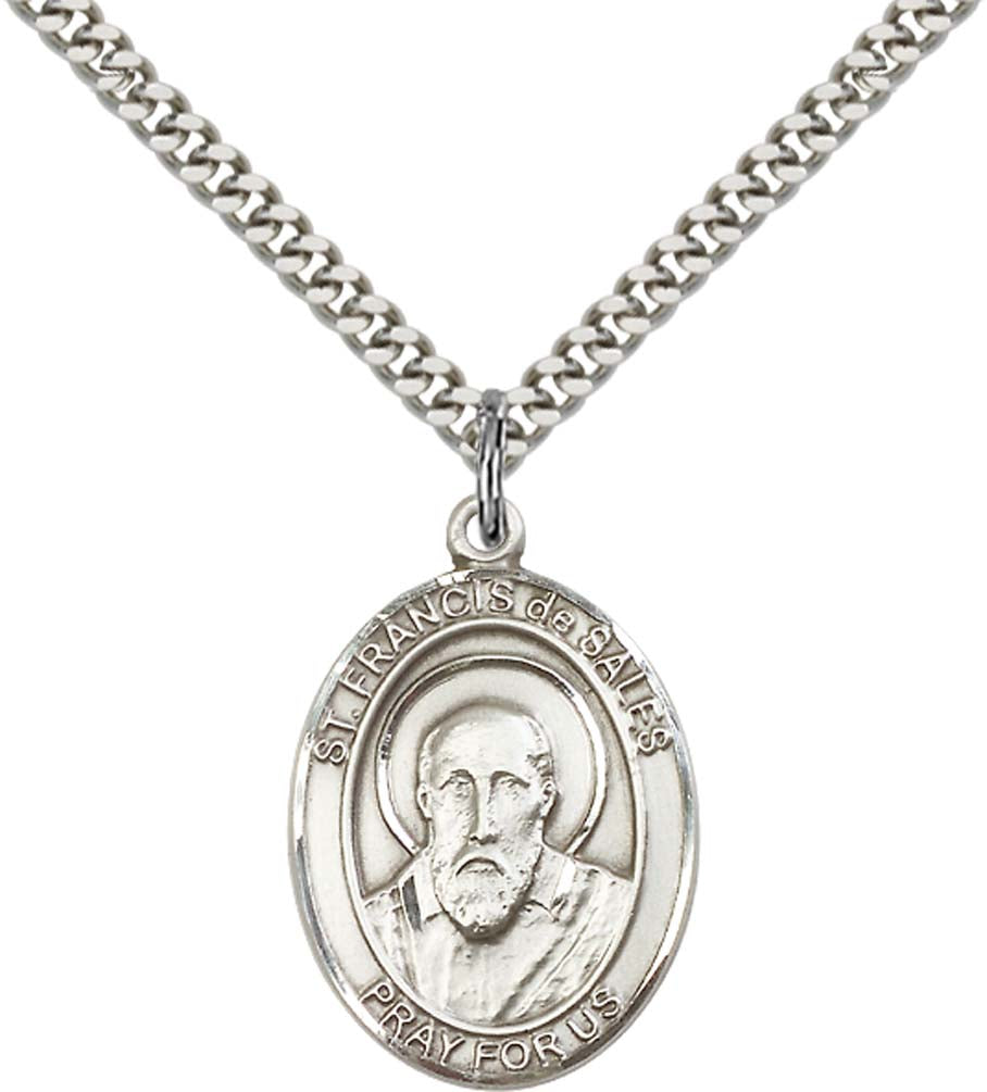 Sterling Silver St. Francis de Sales Pendant with 24 Inch Light Rhodium Heavy Curb Chain