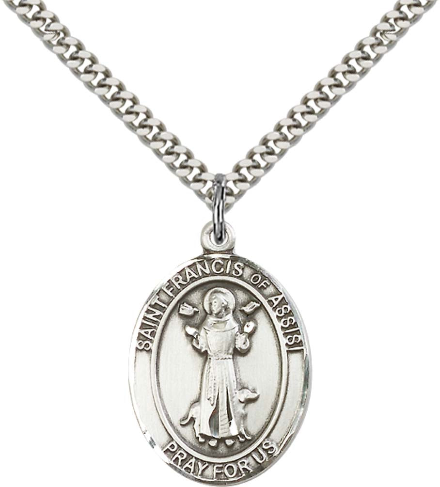 Sterling Silver St. Francis of Assisi Pendant with 24 Inch Light Rhodium Heavy Curb Chain