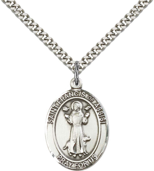 Sterling Silver St. Francis of Assisi Pendant with 24 Inch Light Rhodium Heavy Curb Chain