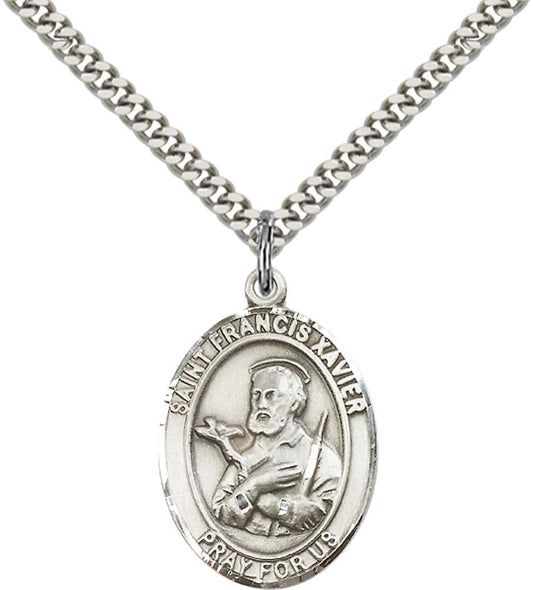 Sterling Silver St. Francis Xavier Pendant with 24 Inch Light Rhodium Heavy Curb Chain