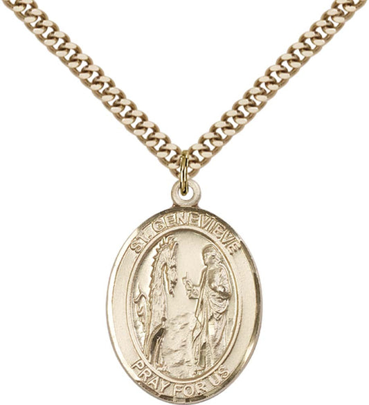 14kt Gold Filled St. Genevieve Pendant with 24 inch Gold Plate Heavy Curb Chain