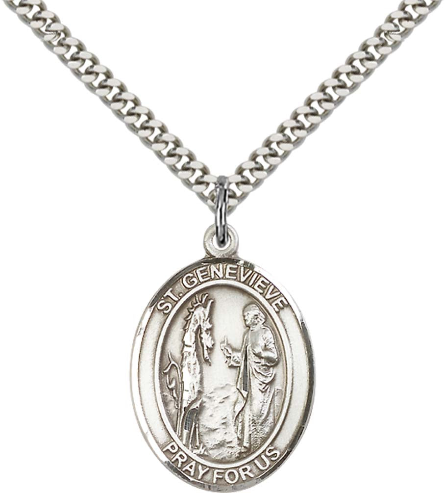 Sterling Silver St. Genevieve Pendant with 24 Inch Light Rhodium Heavy Curb Chain