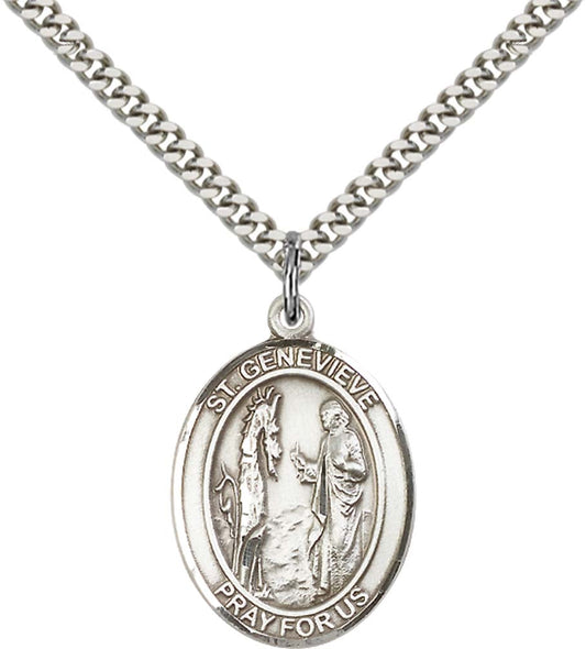 Sterling Silver St. Genevieve Pendant with 24 Inch Light Rhodium Heavy Curb Chain