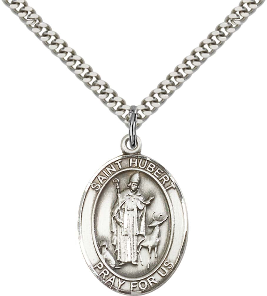 Sterling Silver St. Hubert of Liege Pendant with 24 Inch Light Rhodium Heavy Curb Chain