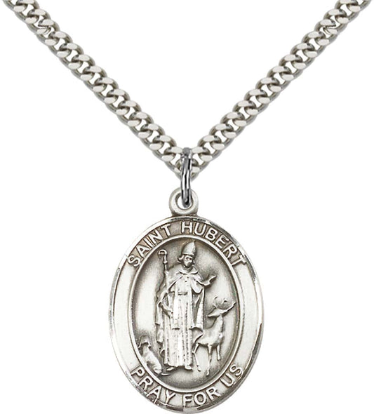 Sterling Silver St. Hubert of Liege Pendant with 24 Inch Light Rhodium Heavy Curb Chain