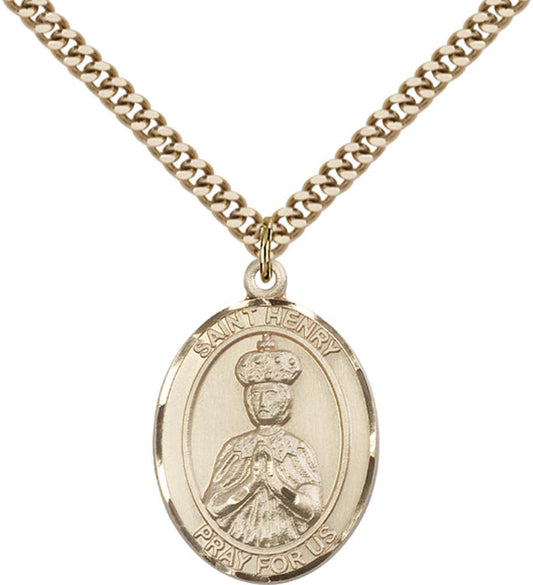 14kt Gold Filled St. Henry II Pendant with 24 inch Gold Plate Heavy Curb Chain
