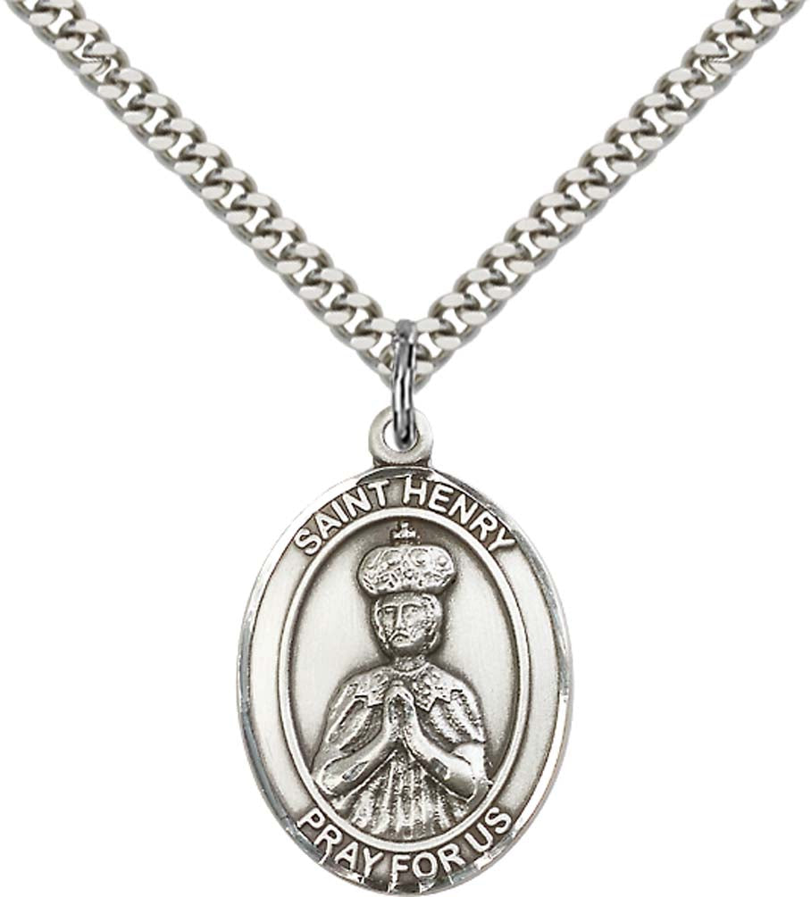 Sterling Silver St. Henry II Pendant with 24 Inch Light Rhodium Heavy Curb Chain