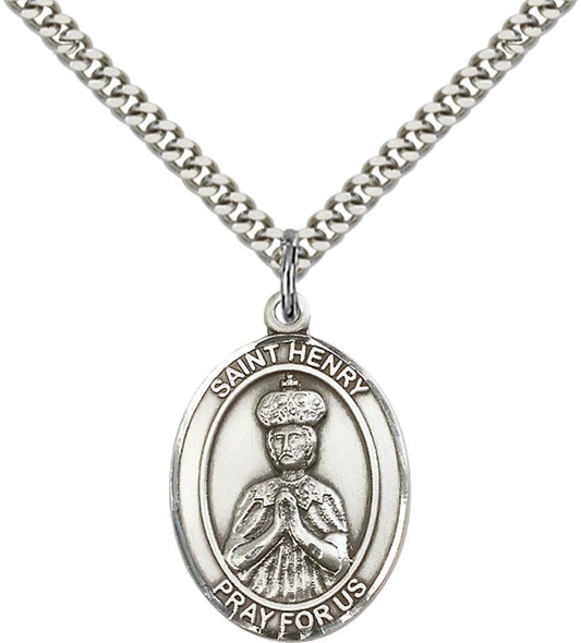 Sterling Silver St. Henry II Pendant with 24 Inch Light Rhodium Heavy Curb Chain