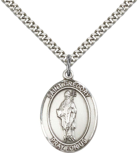 Sterling Silver St. Gregory the Great Pendant with 24 Inch Light Rhodium Heavy Curb Chain