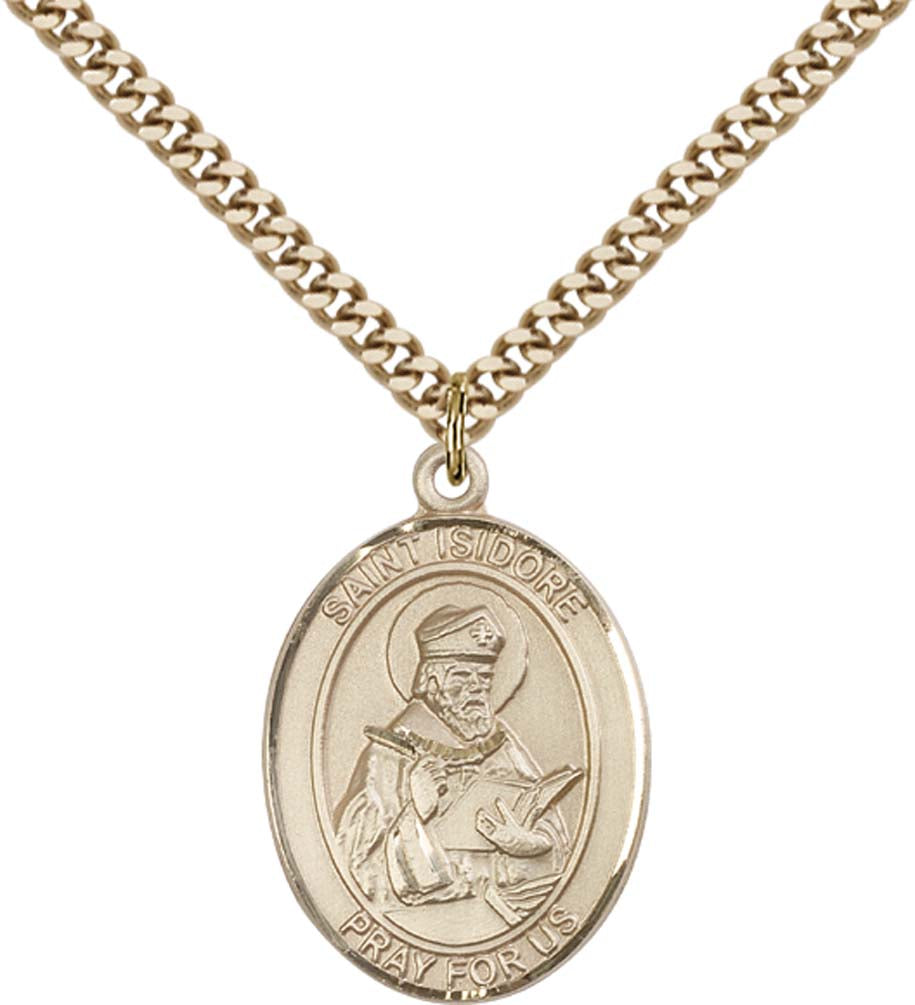 14kt Gold Filled St. Isidore of Seville Pendant with 24 inch Gold Plate Heavy Curb Chain