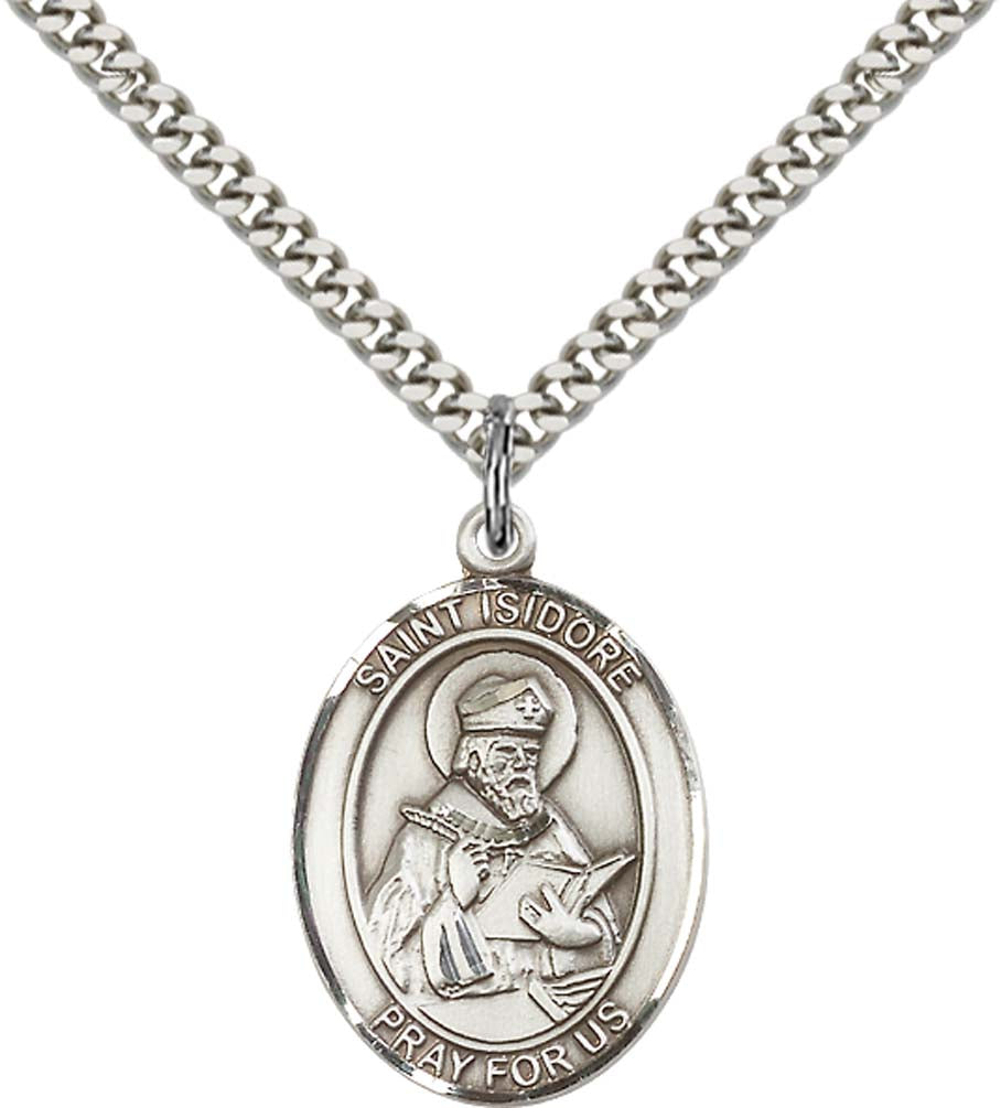 Sterling Silver St. Isidore of Seville Pendant with 24 Inch Light Rhodium Heavy Curb Chain