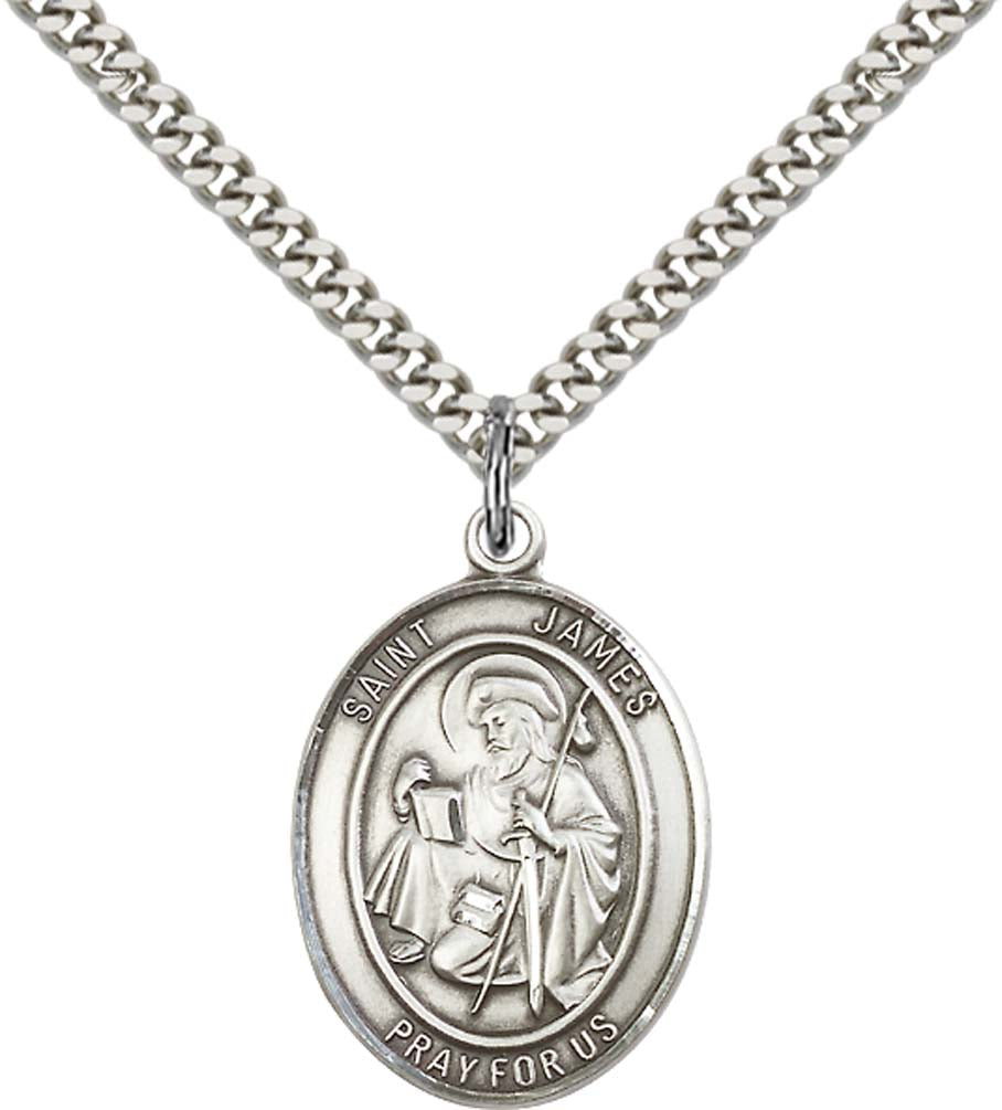Sterling Silver St. James the Greater Pendant with 24 Inch Light Rhodium Heavy Curb Chain