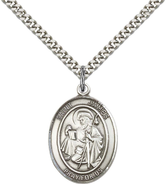 Sterling Silver St. James the Greater Pendant with 24 Inch Light Rhodium Heavy Curb Chain