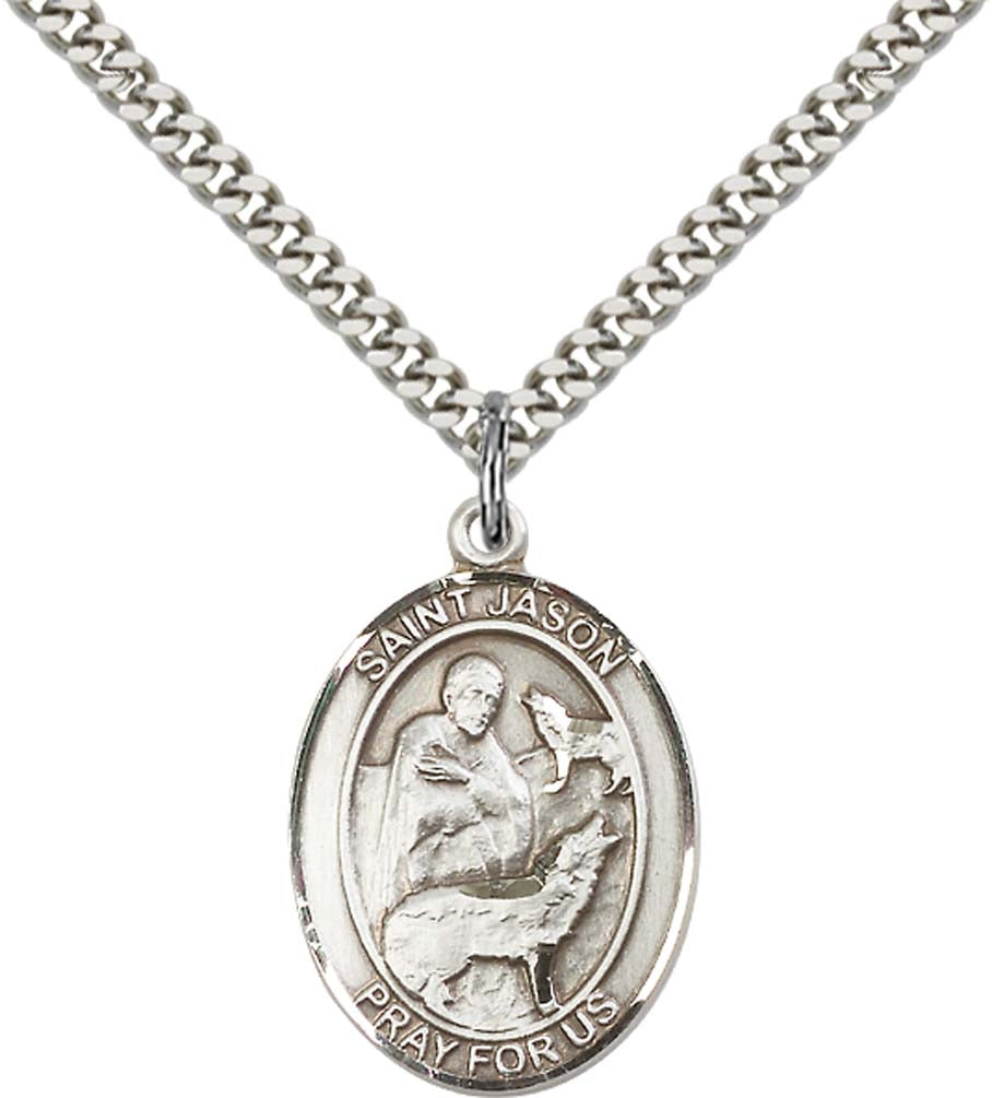 Sterling Silver St. Jason Pendant with 24 Inch Light Rhodium Heavy Curb Chain