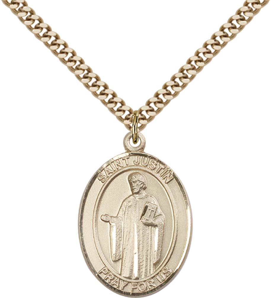 14kt Gold Filled St. Justin Pendant with 24 inch Gold Plate Heavy Curb Chain