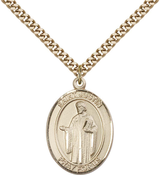 14kt Gold Filled St. Justin Pendant with 24 inch Gold Plate Heavy Curb Chain