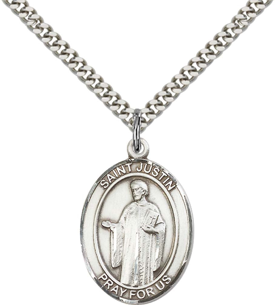Sterling Silver St. Justin Pendant with 24 Inch Light Rhodium Heavy Curb Chain