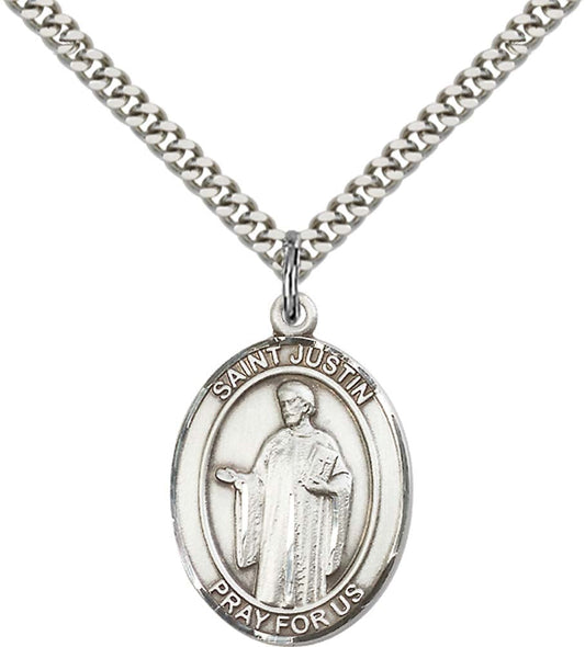 Sterling Silver St. Justin Pendant with 24 Inch Light Rhodium Heavy Curb Chain