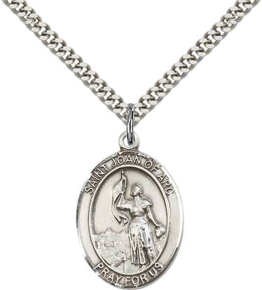 Sterling Silver St. Joan of Arc Pendant with 24 Inch Light Rhodium Heavy Curb Chain
