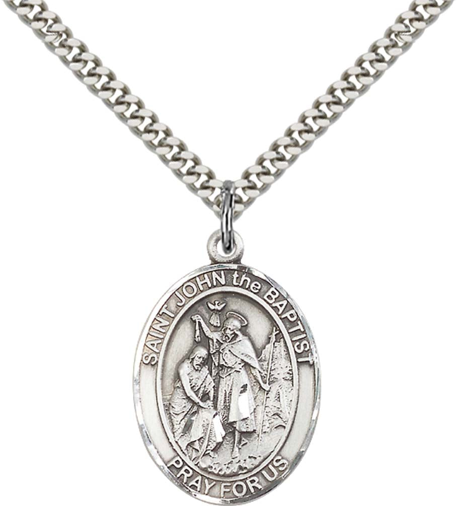 Sterling Silver St. John the Baptist Pendant with 24 Inch Light Rhodium Heavy Curb Chain