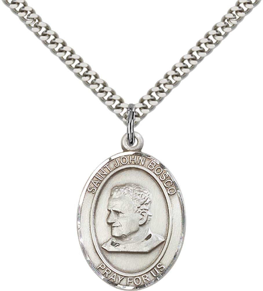 Sterling Silver St. John Bosco Pendant with 24 Inch Light Rhodium Heavy Curb Chain