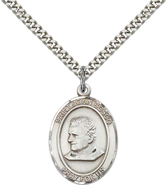 Sterling Silver St. John Bosco Pendant with 24 Inch Light Rhodium Heavy Curb Chain