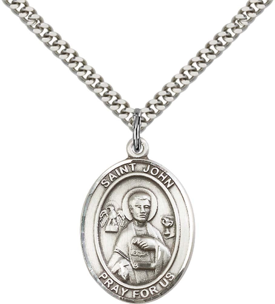 Sterling Silver St. John the Apostle Pendant with 24 Inch Light Rhodium Heavy Curb Chain