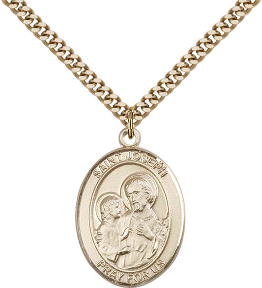 14kt Gold Filled St. Joseph Pendant with 24 inch Gold Plate Heavy Curb Chain - Large Saint Joseph