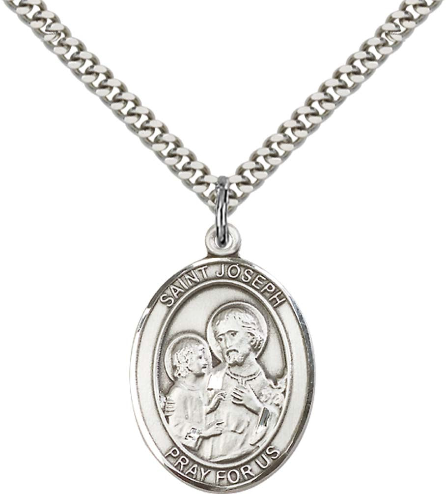 Sterling Silver St. Joseph Pendant with 24 Inch Light Rhodium Heavy Curb Chain - Large Saint Joseph