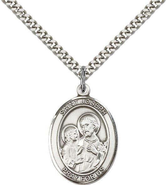 Sterling Silver St. Joseph Pendant with 24 Inch Light Rhodium Heavy Curb Chain - Large Saint Joseph