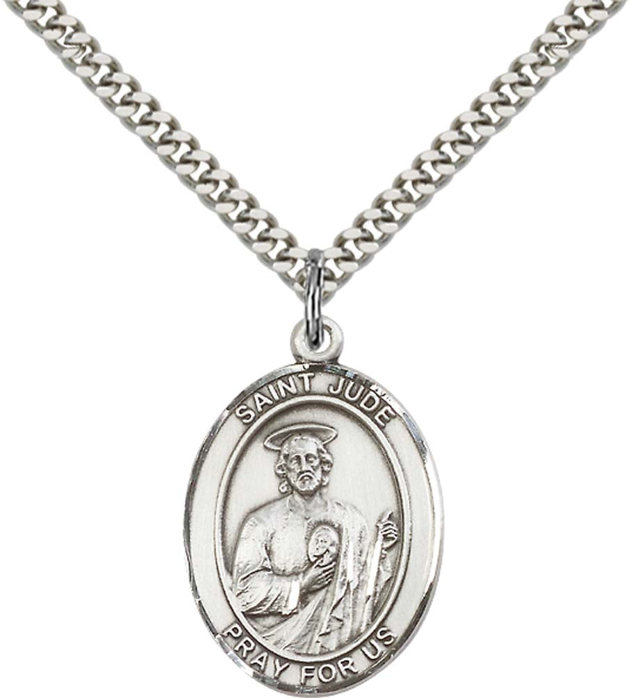 Sterling Silver St. Jude Thaddeus Pendant with 24 Inch Light Rhodium Heavy Curb Chain