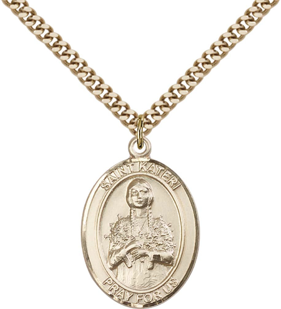 14kt Gold Filled St. Kateri Pendant with 24 inch Gold Plate Heavy Curb Chain