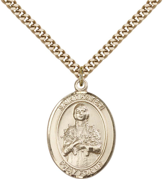 14kt Gold Filled St. Kateri Pendant with 24 inch Gold Plate Heavy Curb Chain