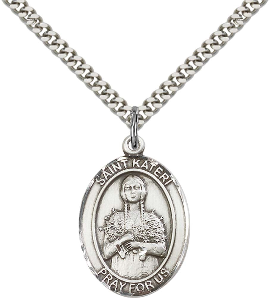 Sterling Silver St. Kateri Pendant with 24 Inch Light Rhodium Heavy Curb Chain