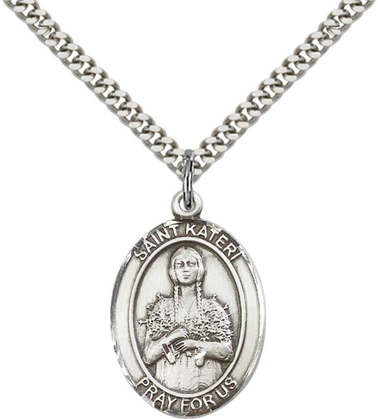 Sterling Silver St. Kateri Pendant with 24 Inch Light Rhodium Heavy Curb Chain