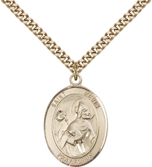 14kt Gold Filled St. Kevin Pendant with 24 inch Gold Plate Heavy Curb Chain