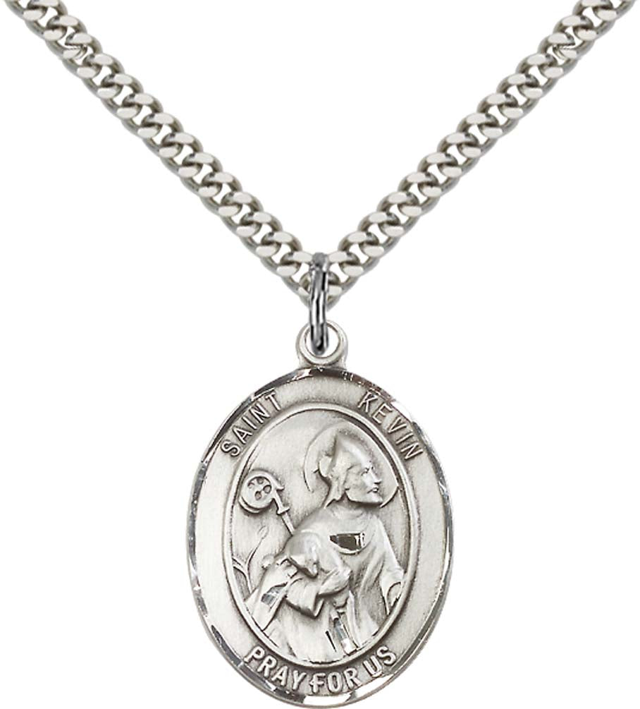 Sterling Silver St. Kevin Pendant with 24 Inch Light Rhodium Heavy Curb Chain