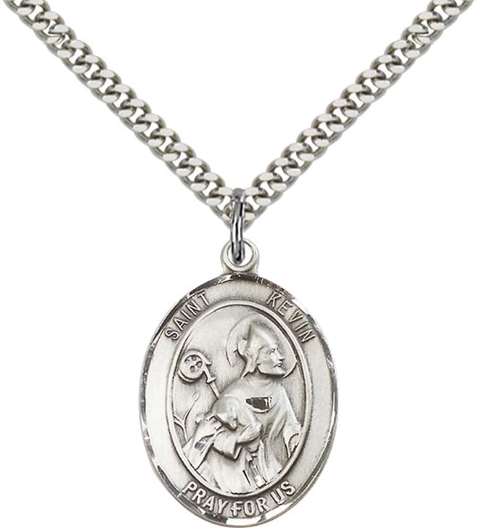 Sterling Silver St. Kevin Pendant with 24 Inch Light Rhodium Heavy Curb Chain