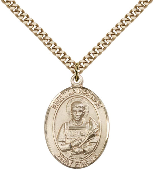 14kt Gold Filled St. Lawrence Pendant with 24 inch Gold Plate Heavy Curb Chain
