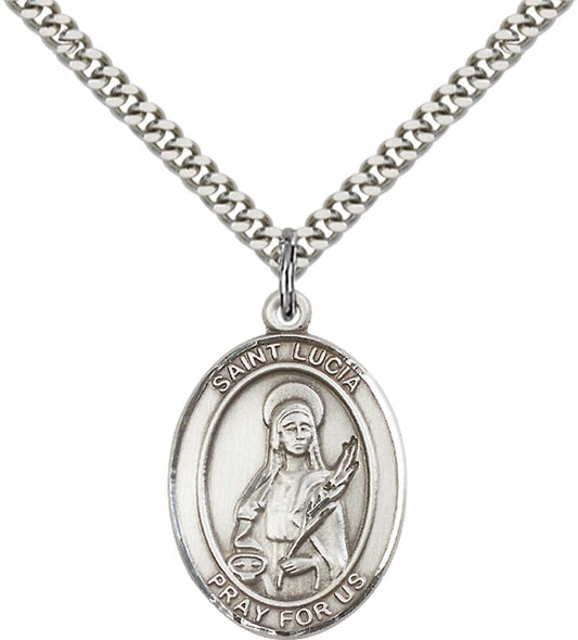 Sterling Silver St. Lucia of Syracuse Pendant with 24 Inch Light Rhodium Heavy Curb Chain