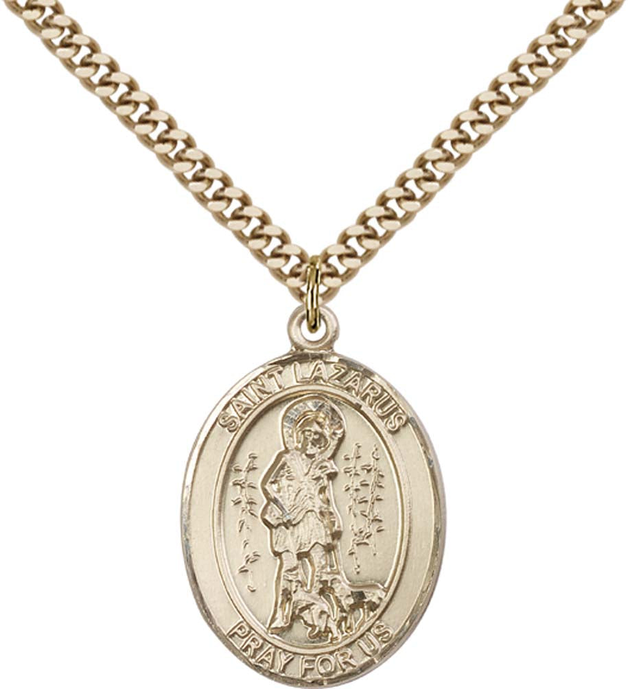 14kt Gold Filled St. Lazarus Pendant with 24 inch Gold Plate Heavy Curb Chain