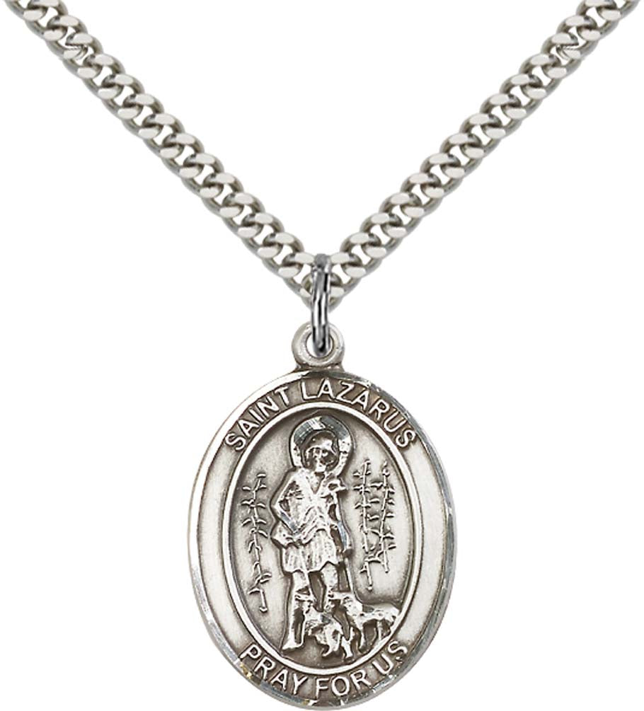 Sterling Silver St. Lazarus Pendant with 24 Inch Light Rhodium Heavy Curb Chain