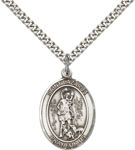 Sterling Silver St. Lazarus Pendant with 24 Inch Light Rhodium Heavy Curb Chain