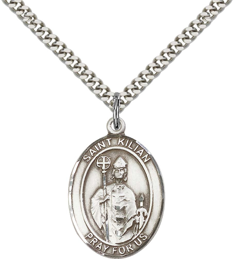 Sterling Silver St. Kilian Pendant with 24 Inch Light Rhodium Heavy Curb Chain