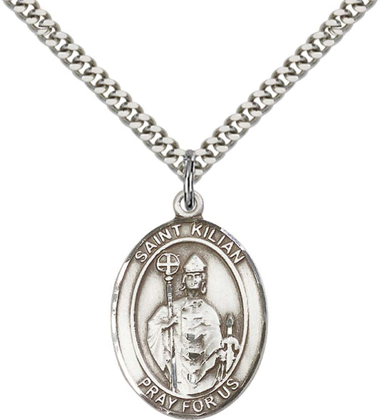 Sterling Silver St. Kilian Pendant with 24 Inch Light Rhodium Heavy Curb Chain