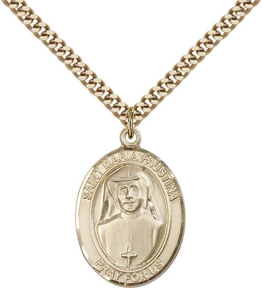 14kt Gold Filled St. Maria Faustina Pendant with 24 inch Gold Plate Heavy Curb Chain