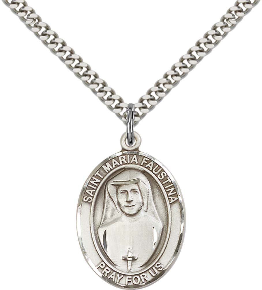 Sterling Silver St. Maria Faustina Pendant with 24 Inch Light Rhodium Heavy Curb Chain