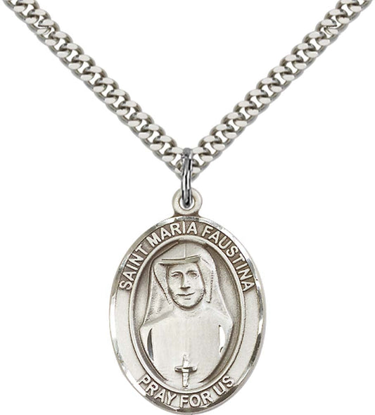 Sterling Silver St. Maria Faustina Pendant with 24 Inch Light Rhodium Heavy Curb Chain